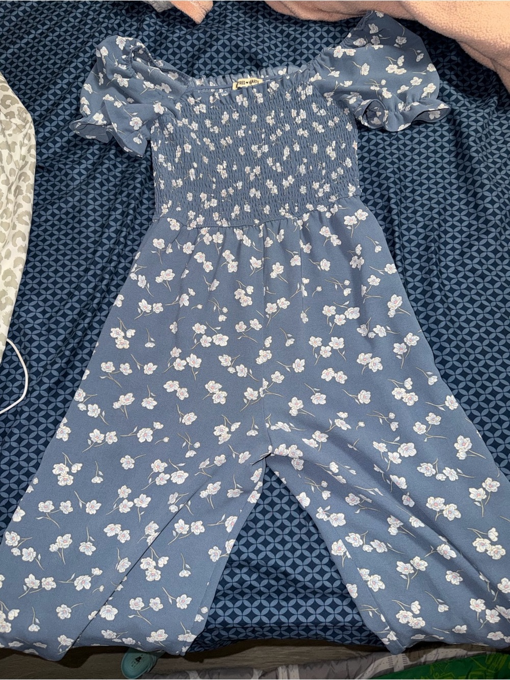 T.J.Maxx Blue Floral Smocked Jumpsuit with Puff Sleeves